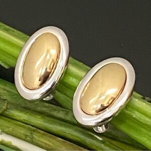 Vintage NAPIER 2-tone High Polished Metal Oval Cabochon Modernist Earrings 12g.